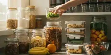 Organized plastic-free pantry with glass jars and bulk foods