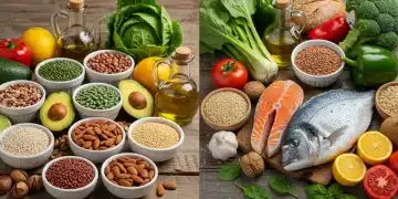 Colorful plant-based and Mediterranean diet foods side by side