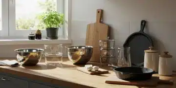 Assortment of durable, plastic-free kitchenware on a sunlit countertop, showcasing stainless steel, wood, and glass items.