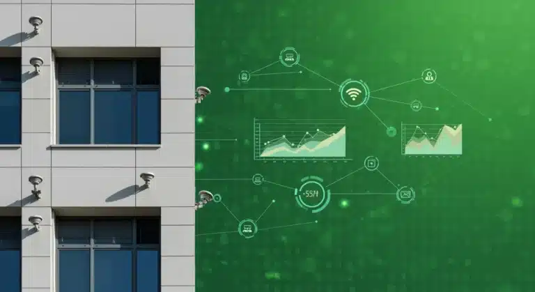 Modern commercial building showcasing smart sensors and IoT integration for energy efficiency