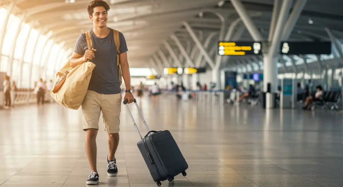 Traveler with single carry-on, embodying stress-free light packing.