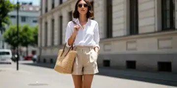 Stylish woman in a versatile summer capsule wardrobe outfit, featuring a white button-down and tailored shorts, walking confidently in a sunny urban setting.
