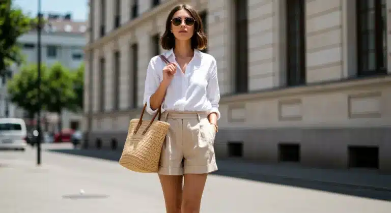 Stylish woman in a versatile summer capsule wardrobe outfit, featuring a white button-down and tailored shorts, walking confidently in a sunny urban setting.