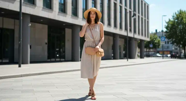 Stylish woman in a versatile summer dress, embodying practical summer wardrobe solutions