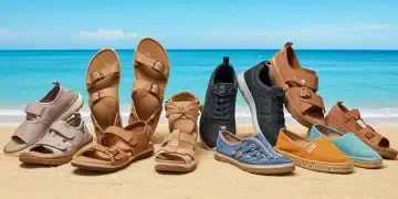 Diverse summer footwear collection on a beach, balancing comfort and style