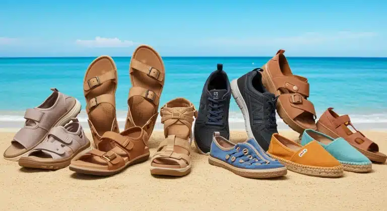 Diverse summer footwear collection on a beach, balancing comfort and style