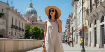 Woman in flowing linen dress and straw hat, maintaining summer style in hot weather.