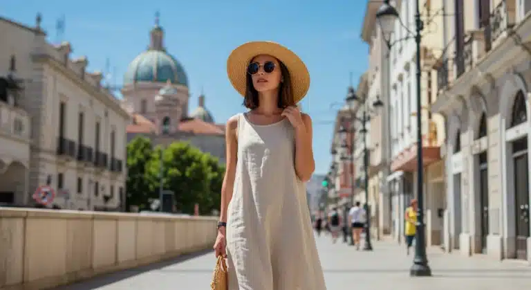 Woman in flowing linen dress and straw hat, maintaining summer style in hot weather.