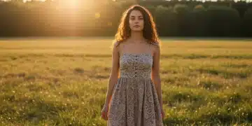 Woman in sustainable summer fashion dress, representing eco-friendly choices and positive environmental impact.