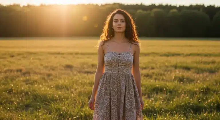 Woman in sustainable summer fashion dress, representing eco-friendly choices and positive environmental impact.