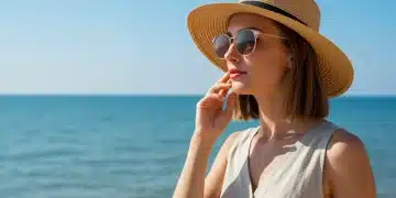 Woman with timeless straw hat and sunglasses on a beach, representing enduring summer style.