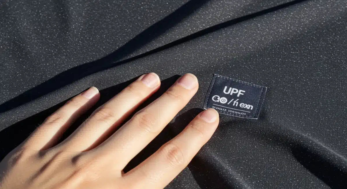 Close-up of high-tech UPF fabric showing weave and texture for sun protection.