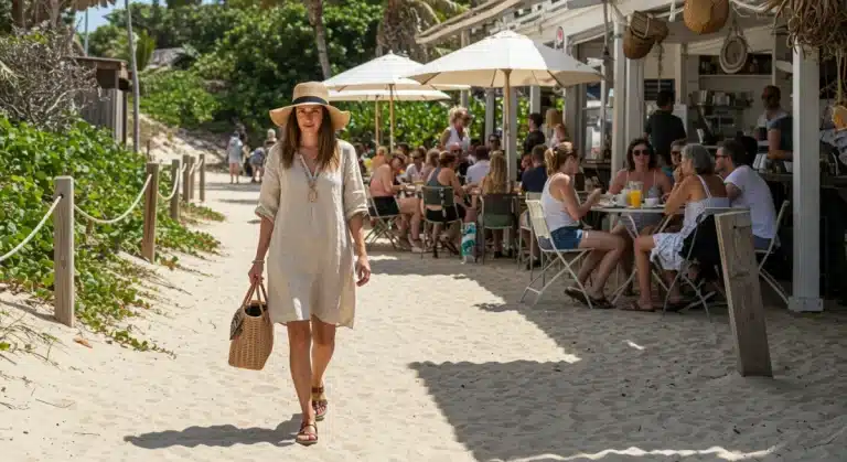 Woman in versatile linen dress transitioning from beach to brunch