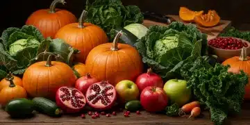 Vibrant autumn harvest display with pumpkins, apples, and leafy greens on a rustic table.