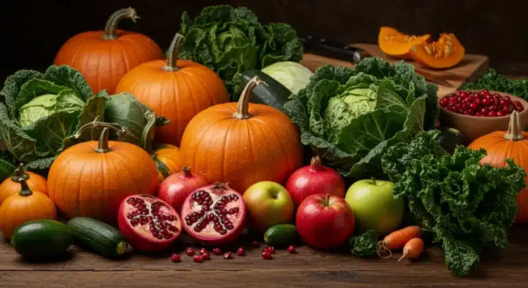 Vibrant autumn harvest display with pumpkins, apples, and leafy greens on a rustic table.