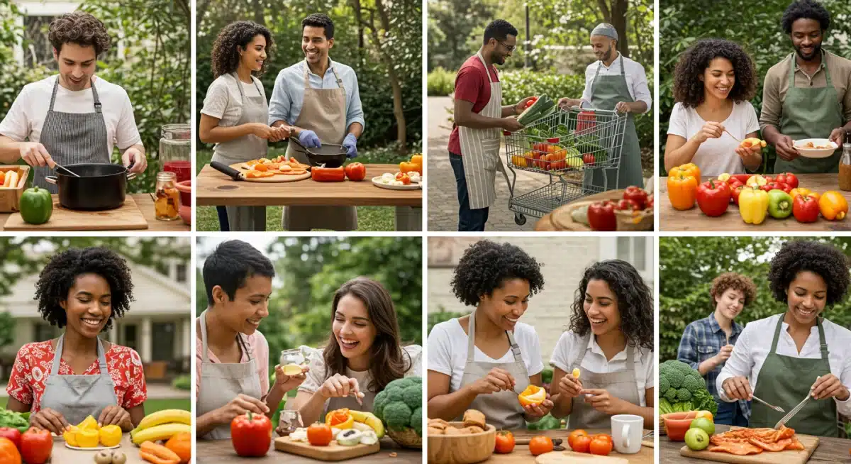 Community engaging in healthy food choices and activities, reflecting impact of new USDA guidelines