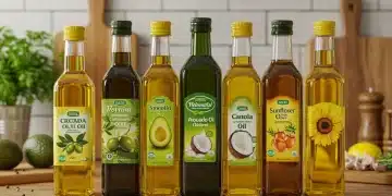 Variety of cooking oils including olive, avocado, coconut, canola, and sunflower on a kitchen counter. Decoding Healthy Fats.