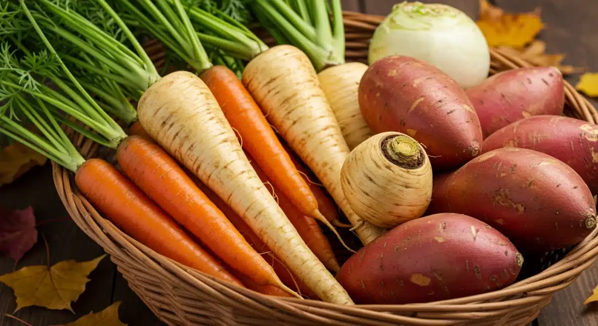 Freshly harvested root vegetables in a basket for fall meals.