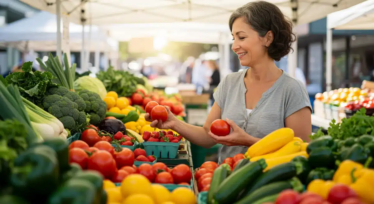 Person shopping for fresh produce at a farmers' market, focusing on budget-friendly nutrition.