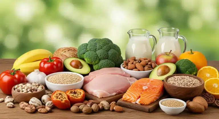 Colorful arrangement of healthy foods representing balanced nutrition for 2026 USDA Dietary Guidelines