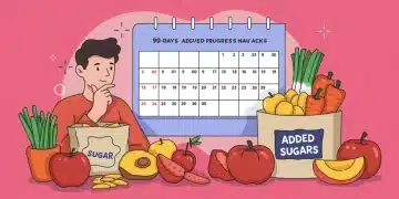 Person selecting healthy foods, emphasizing a 90-day journey to reduce added sugars.