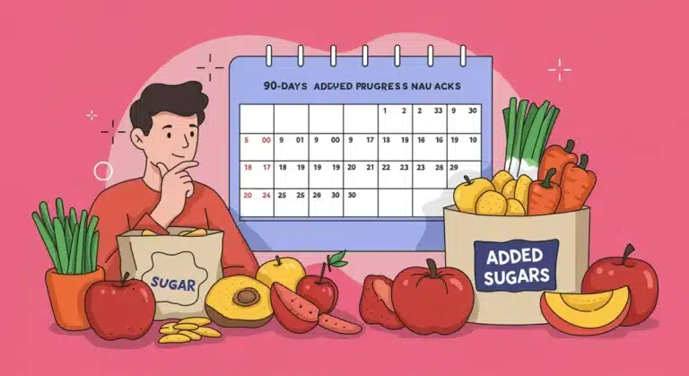 Person selecting healthy foods, emphasizing a 90-day journey to reduce added sugars.