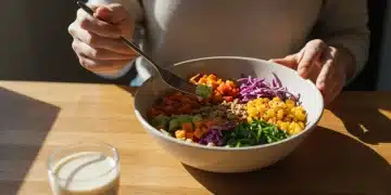 Person mindfully eating healthy food, promoting digestion and well-being.