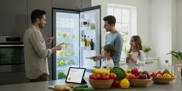 Family using smart kitchen tech for efficient grocery management and food waste reduction