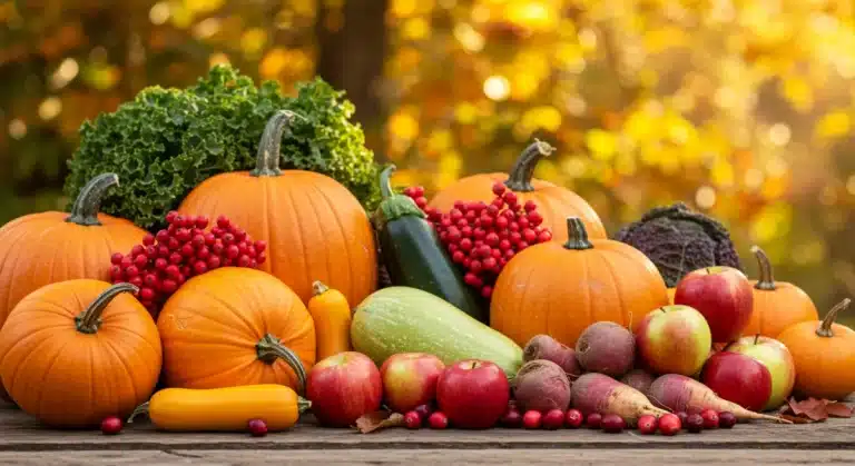 Vibrant Fall 2026 produce harvest on a rustic table in the US.