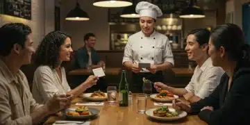 People safely enjoying a meal at a restaurant, managing food allergies with staff assistance in the US.