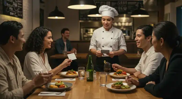 People safely enjoying a meal at a restaurant, managing food allergies with staff assistance in the US.