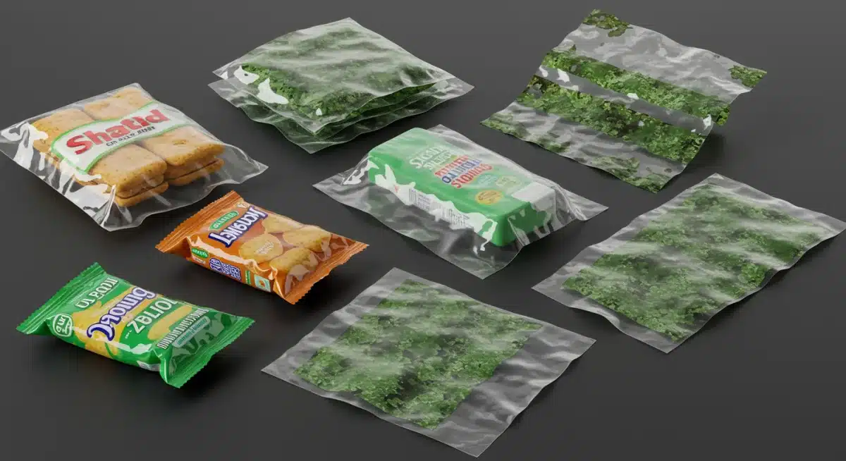 Seaweed-based packaging protecting diverse consumer goods, emphasizing its clear, flexible nature.