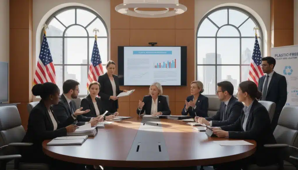 Advocates discussing plastic-free policy legislation in a government setting.