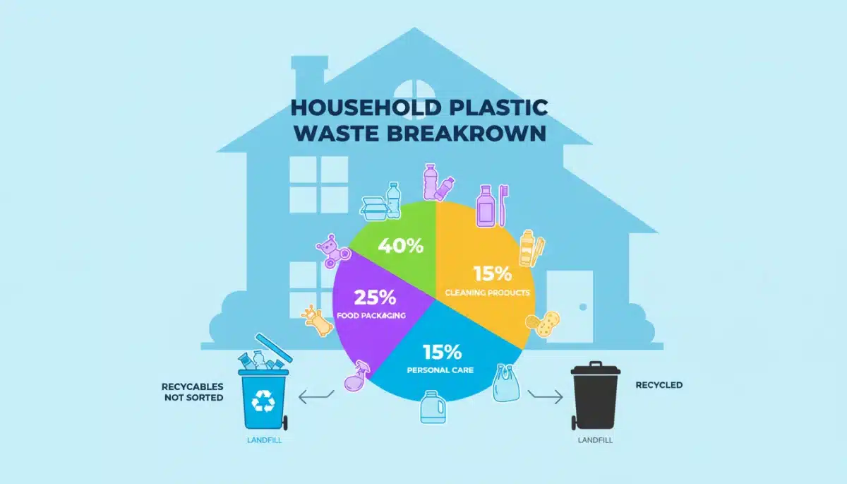 Infographic showing household plastic waste categories and percentages in a US home.