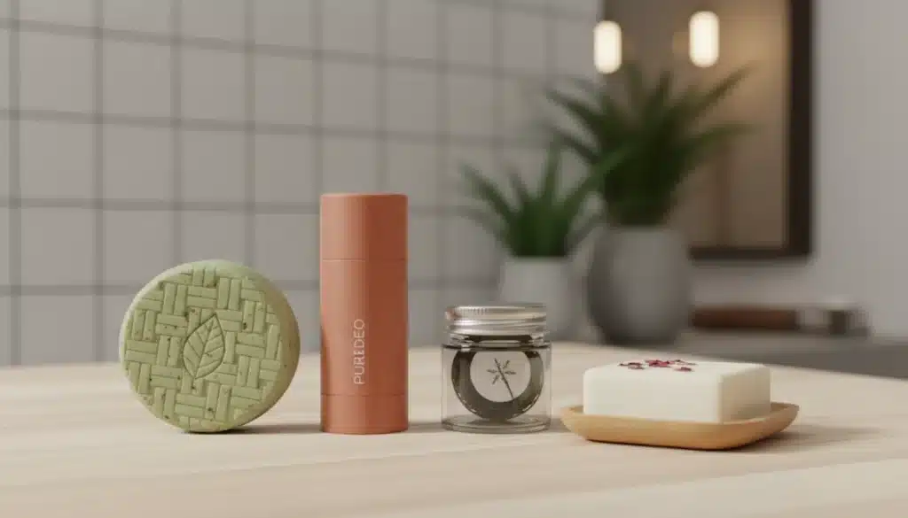 Four innovative plastic-free personal care products on a wooden surface, showcasing sustainable beauty.