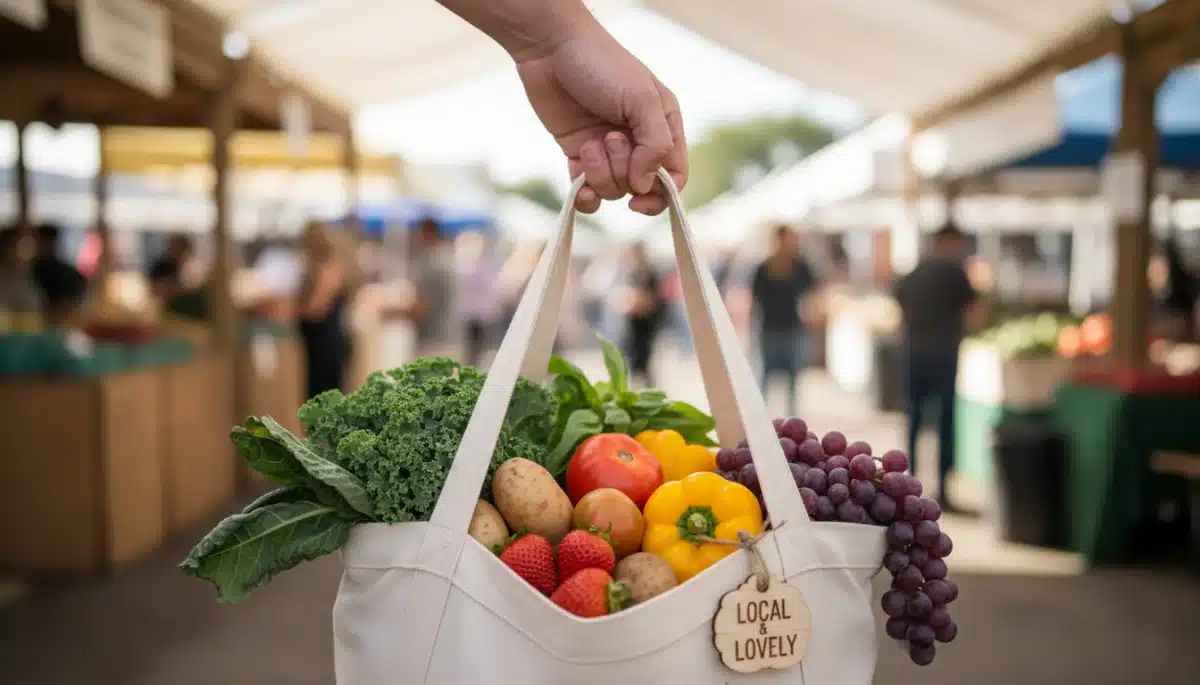 Hand holding reusable shopping bag with fresh produce from farmers' market.
