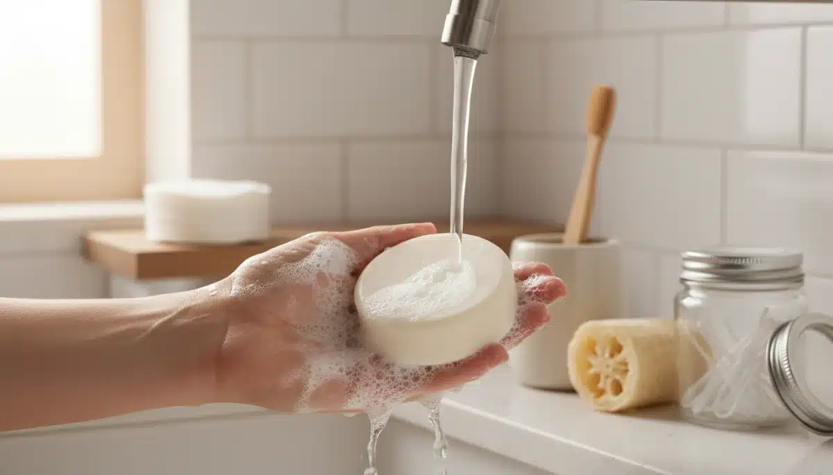 Hand using a plastic-free shampoo bar, illustrating sustainable personal care routines.