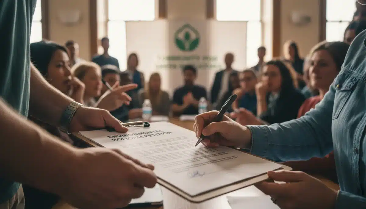 Hands signing a petition for environmental policy change.